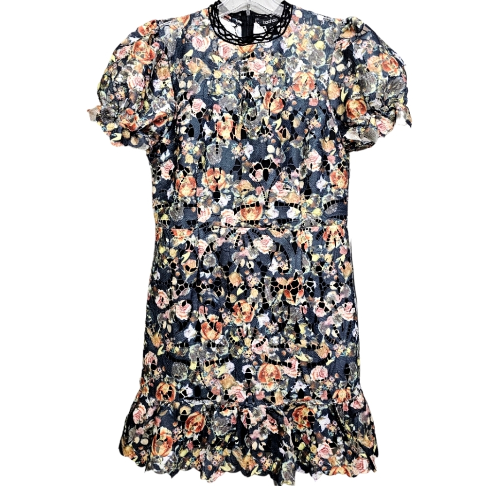 Nwot Boohoo Crochet Cutout Floral Lace Puff Sleeve Dress - Picture 3 of 17